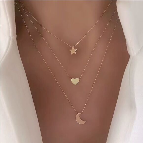 Cute Classy Celestial Trending Layered Necklace — Moon Star Heart​ - Picture 1 of 6